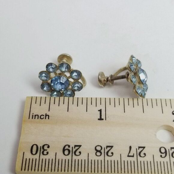 Vintage Light Blue Rhinestone Cluster Clip On Earrings, Screw Back, Estate - Picture 4 of 6